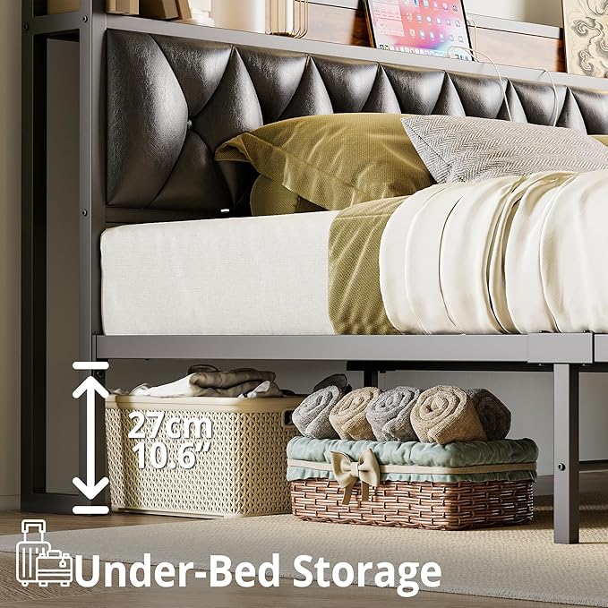 ANCTOR King Bed Frame, Storage Headboard with Outlets, Easy to Install, Sturdy and Stable, No Noise, No Box Springs Needed, Rustic Brown and Black