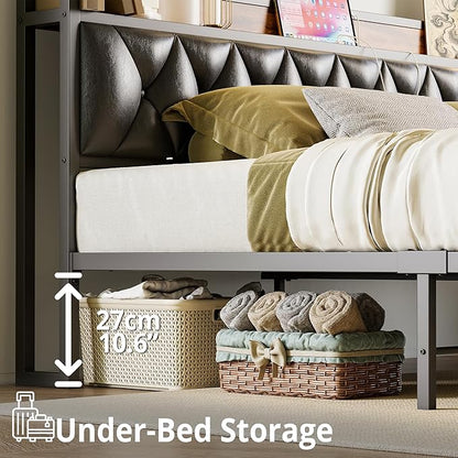 ANCTOR King Bed Frame, Storage Headboard with Outlets, Easy to Install, Sturdy and Stable, No Noise, No Box Springs Needed, Rustic Brown and Black