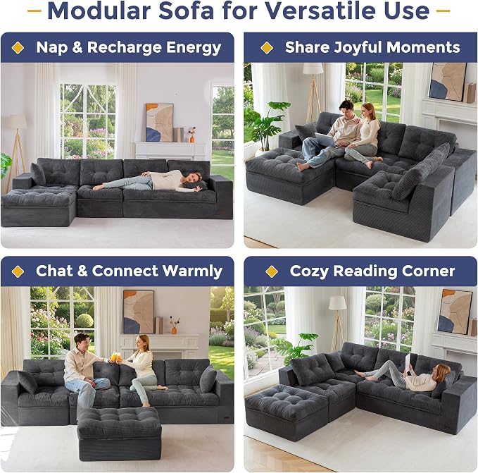 MAXYOYO 132" L Shaped Modular Sectional Sofa with Ottoman, Cloud Boneless Couch with Layered Cushion, Upholstered Sofa in a Box, Flexible Module Combination for Living Room, No Assembly, Dark Grey