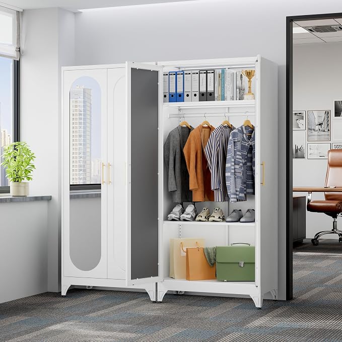 SteeLoong Metal Wardrobe Cabinet with Hanging Rod, 71" Tall Armoire Wardrobe Closet with Mirror Doors and Adjustable Shelves, White Clothing Storage Cabinets for Bedroom, Laundry Room,Office