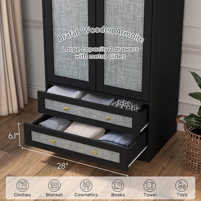 Brafab Armoire Wardrobe Closet with 2 Rattan Doors, 71" Black Farmhouse Tall Freestanding Coat Closet Wardrobe with Drawers and Hanging Rail, Wooden Armoire Storage Cabinet with Shelf for Bedroom