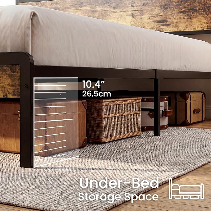 LIKIMIO Queen Size Bed Frame, Platform Bed with 2-Tier Storage Headboard | Metal Bed Frame, Solid and Stable, Noise Free, No Box Spring Needed, Easy Assembly, Durable, Industrial Brown