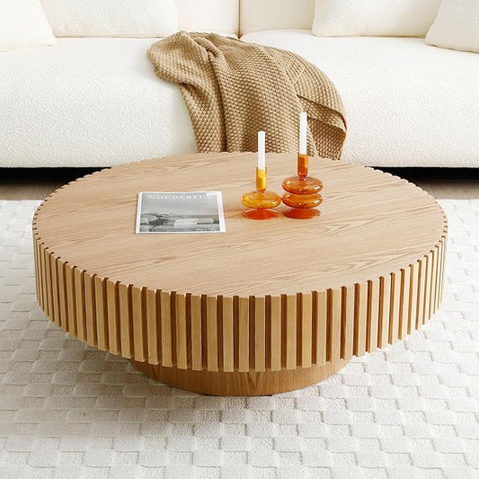 39" Round Coffee Table for Living Room, Mid Century Modern Coffee Table with Sturdy Pedestal, Circle Center Table Accent Tea Table for Apartment ASH