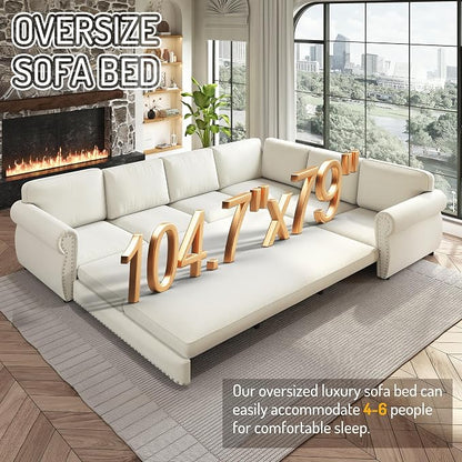 118" L-Shaped Sleeper Couch Bed - Oversize Convertible with Pull-Out Sofa Bed, Button Tufted Chesterfield Sofa, Chenille Sectional Vintage Couches for Living Room/Apartment(6-Seater, Beige)