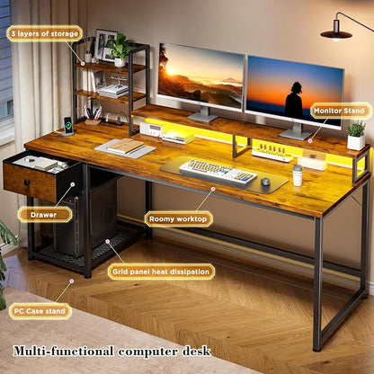 EnHomee 55" Reversible Computer Desk, Hutch, USB & LED, Rustic Brown | Fits 2 Monitors on Stand; Drawer & 3 Shelves; 60,000 Colors Music Sync RGB; 3 AC Ports & Type-C; Steel Frame; Easy Build