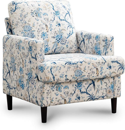 Weture Mid-Century Accent Chair,Modern Linen Fabric Armchair for Living Room,Comfy Upholstered Reading Accent Chairs for Bedroom,Single Sofa Chair with Wood Legs (Blue Flowered Bird, 1 Pack)