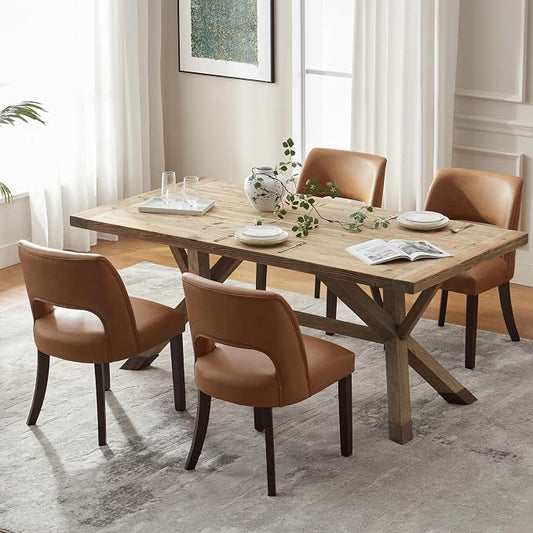 VKNOW Modern Dining Chairs Set of 4 with Rubberwood Legs, Brown | Faux Leather, Curved Back, For family, Kitchen Dining Room Restaurant Reception Room, No wobble, 80% pre-installed