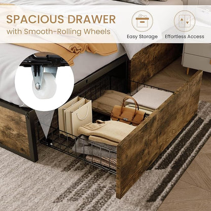 SHA CERLIN Full Platform Bed Frame with 2 Large Storage Drawers, Rustic Wood and Metal, Noise-Free, Easy Assembly, No Box Spring Needed, Brown