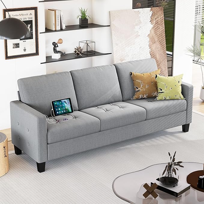 STHOUYN 73" W 3 Seater Couch with USB Ports, Grey Comfy Sofa Couches for Small Spaces, Mid Century Modern Couch Loveseat for Living Room, Bedroom, Apartment (Light Grey)