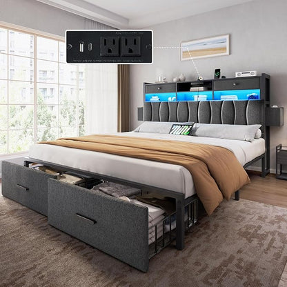 YITAHOME Full Size with 2 Storage Drawers and Charging Station, Linen Upholstered Platform Bed with Storage Headboard and LED Light, Heavy Duty Metal Support, No Box Spring Needed, Noise Free, Grey