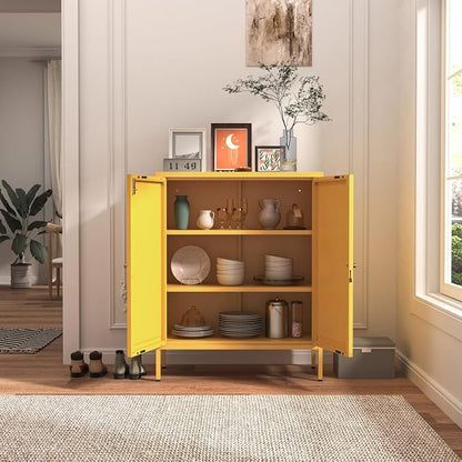 Accent Cabinet Locker, Square Storage Cabinet 36 Inch High, Freestanding Metal Storage Cabinet with 2 Doors and 2 Adjustable Shelves, Multifunctional Cabinet for Home, Hallway and Office Yellow