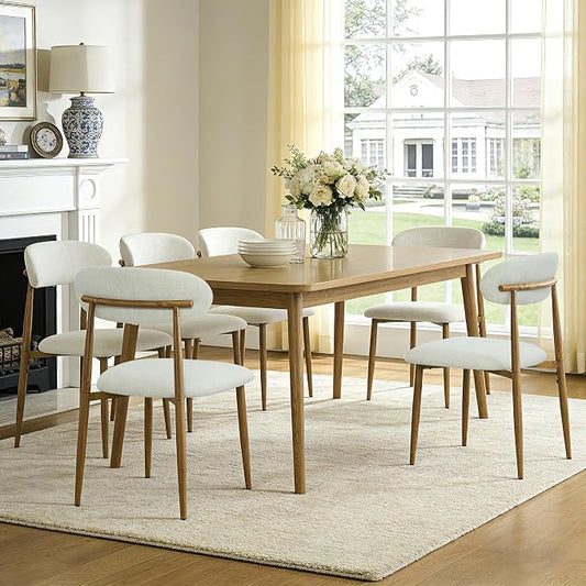 FREKEN Modern Upholstered Dining Chairs Set of 6, Mid-Century Metal Frame with Wood Grain, Linen Fabric Side Chair for Kitchen Dining Room, 350lbs Capacity, Beige