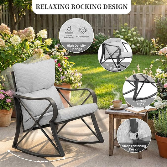 COSIEST 3 Piece Bistro Set Patio Rocking Chairs Outdoor Furniture w Warm Gray Cushions, Glass-Top Table for Garden, Pool, Backyard