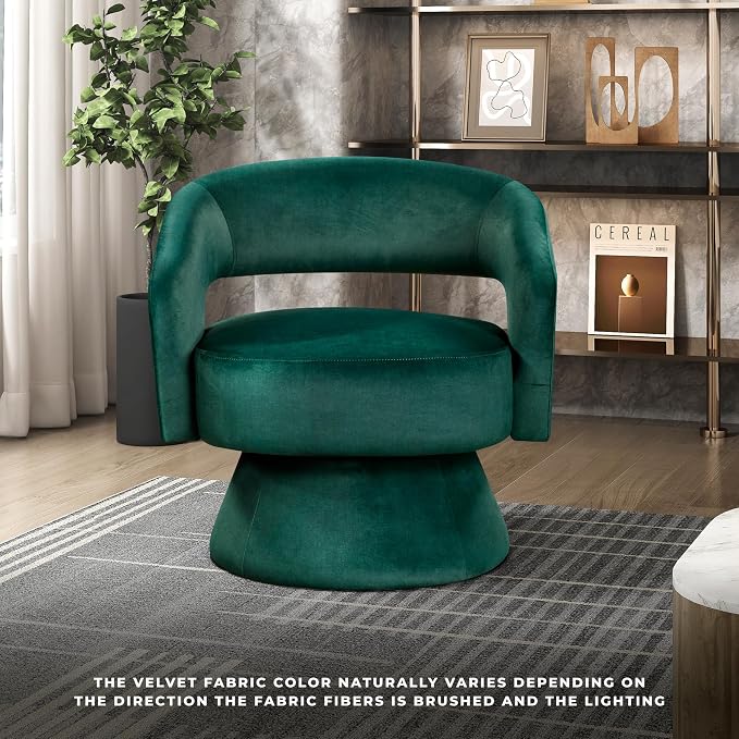 Lexicon 360 Degree Swivel Accent Chair, Modern Comfy Velvet Round Barrel Chair, Open Back, Plush Foam Cushions, Metal Swivel Base for Living Room/Bedroom/Office/Small Spaces, Green