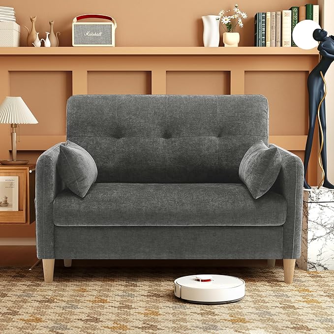 Urhanherry 47" Small Sofa Couch for Bedroom, Soft Chenille loveseat Mini Couch with Throw Pillow and Removable Cushion Cover for Small Spaces, Living Room, Apartment, Dorm, Office(Dark Grey)