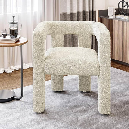 BELLEZE Modern Boucle Barrel Dining Chair, Upholstered Linen Kitchen Boucle Armchair with Sidearms and Back, for Dining Room Living Room- Cream