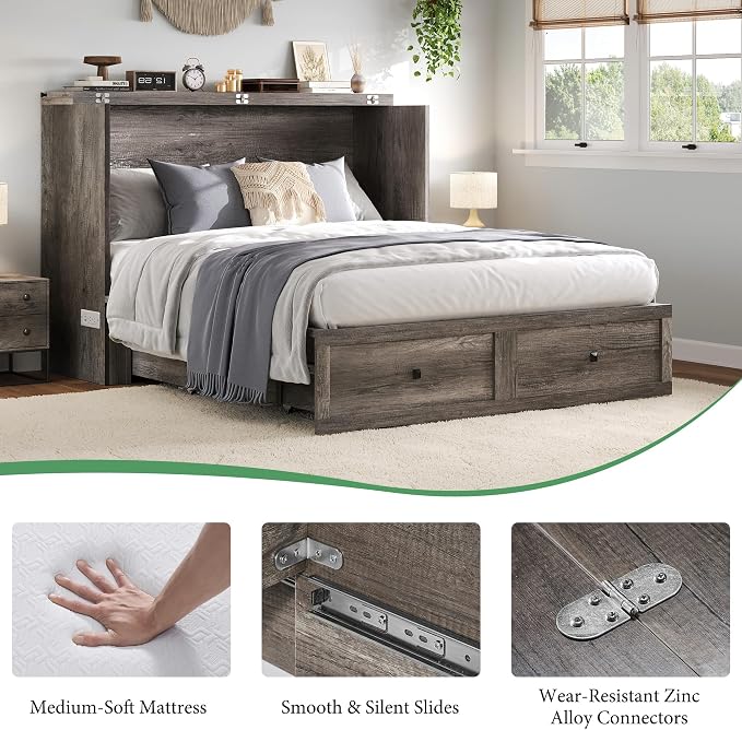 AMERLIFE Full Murphy Bed Cabinet with 6" Tri-Fold Memory Foam Mattress, Storage Drawer & Charging Station, Space-Saving Guest Bed for Home Office, Rustic Grey