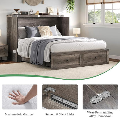 AMERLIFE Full Murphy Bed Cabinet with 6" Tri-Fold Memory Foam Mattress, Storage Drawer & Charging Station, Space-Saving Guest Bed for Home Office, Rustic Grey