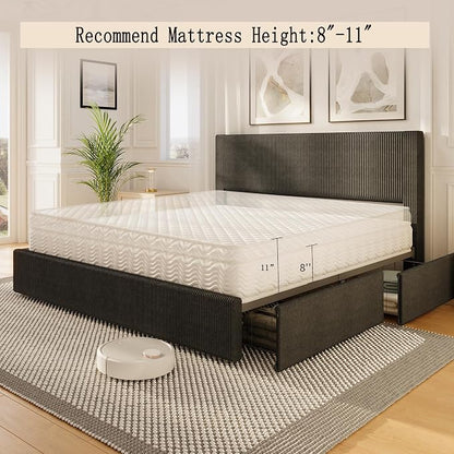 Garvee Corduroy Full Bed Frame with Headboard, Platform Upholstered Bed Frame with 4 Storage Drawers and Wooden Slats Support, No Box Spring Needed, Black