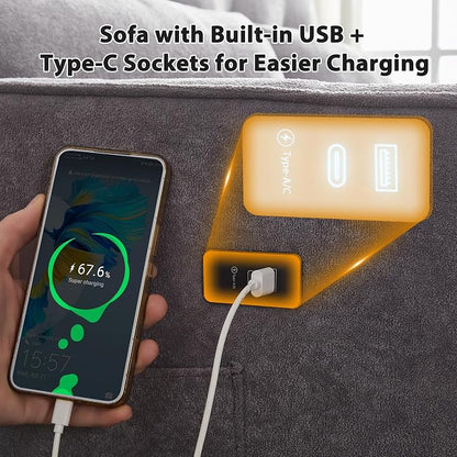 Convertible Sofa Bed, 3 in 1 Pull Out Couch, Loveseat Sleeper with Side Pocket, Sleeper Sofa with Adjustable Backrest | USB Charging Port | Two Pillows | Fabric | Light Grey