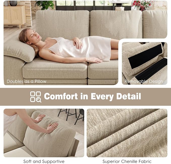 Ihanherry 86" Modular Sectional Sofa with Pull Out Bed, 4-Seater L Shaped Sectional Sleeper Couch with Storage Ottoman, Chenille Convertible Couches for Living Room, Apartment (Sand)