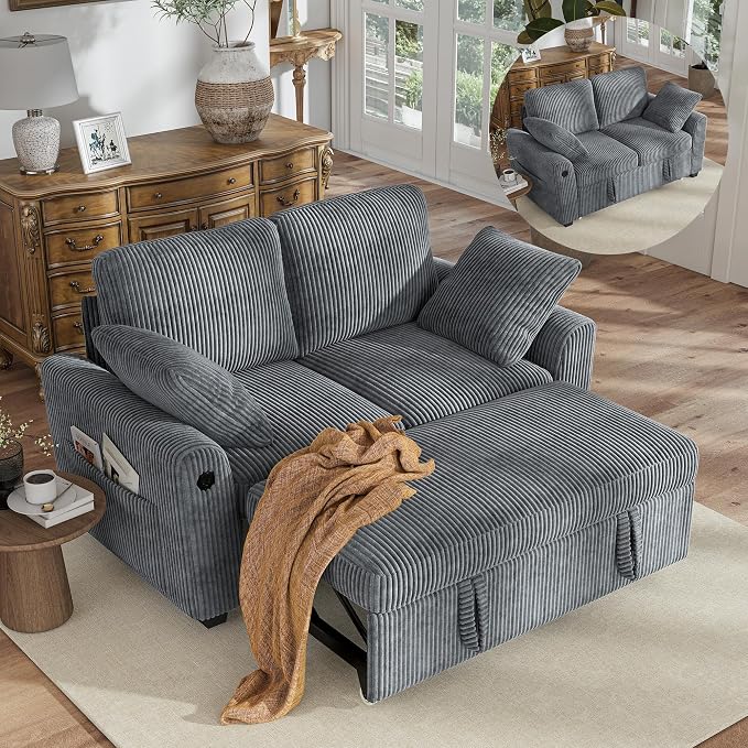 Hanherry 59" Loveseat Sofa with Pull Out Couch Bed, Corduroy 2-in-1 Convertible 2 Seater Sleeper Sofa with USB Charging,Comfy Love Seat for Small Spaces Living Room Apartment