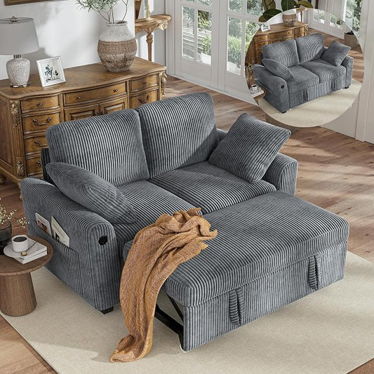 Hanherry 59" Loveseat Sofa with Pull Out Couch Bed, Corduroy 2-in-1 Convertible 2 Seater Sleeper Sofa with USB Charging,Comfy Love Seat for Small Spaces Living Room Apartment