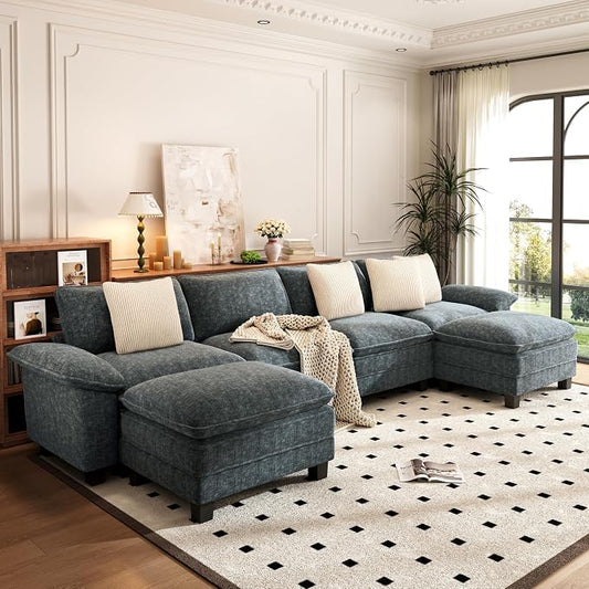 PHI VILLA Cloud Modular Couch Sets, 157.5" Oversized Sectional Sofa with U-Shaped Chaise, 6-Seater Couches with Movable Ottomans for Living Room, Chenille Dark Cyan