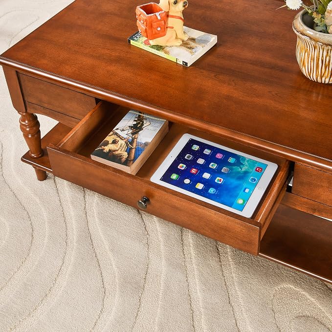 Rectangle Coffee Table with Drawers for Living Room, Solid Wood Coffee Table with Storage Shelf, Mid Century Modern Cherry Wood Coffee Tables, Large Countertop Center Table, Cherry Walnut KFZ-C008-DR
