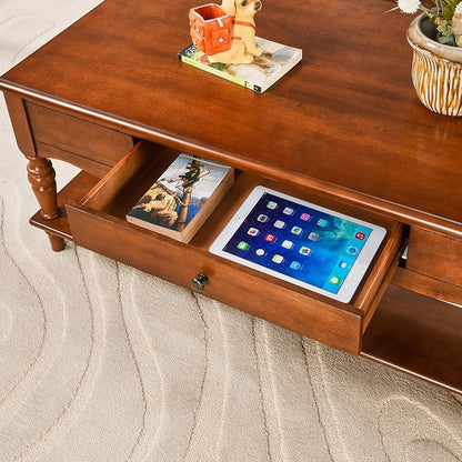 Rectangle Coffee Table with Drawers for Living Room, Solid Wood Coffee Table with Storage Shelf, Mid Century Modern Cherry Wood Coffee Tables, Large Countertop Center Table, Cherry Walnut KFZ-C008-DR