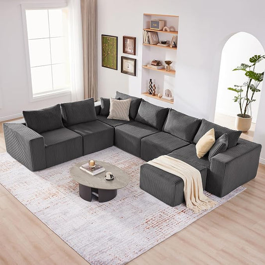 Cloud Couch Sectional, Modular Sofa with Deep Seat, Convertible Sectional Couches for Living Room, Plush Corduroy U Shaped Boneless Couch (Darkgrey, 6 Seater & 1 Ottoman)