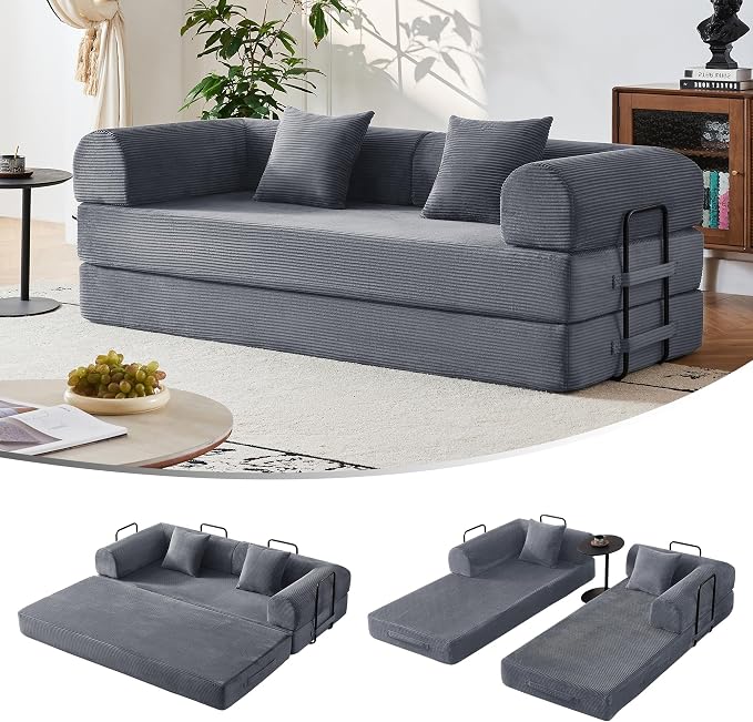 79" 5-in-1 Convertible Sofa Bed No Assembly, Boneless Couch Bed with High Density Foam, Foldable Sleeper Sofa, Corduroy Modular Couch for Apartment, Studio, Dorm Room, Small Space, Dark Gray