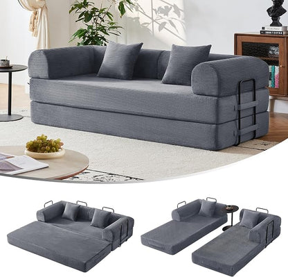 79" 5-in-1 Convertible Sofa Bed No Assembly, Boneless Couch Bed with High Density Foam, Foldable Sleeper Sofa, Corduroy Modular Couch for Apartment, Studio, Dorm Room, Small Space, Dark Gray