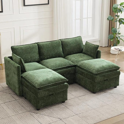 80" Cloud 3 Seater Sectional Modular Couch with 2 Storage Ottoman, Upholstered Storage Sofa Deep Seat, Chenille U Shape Sofa Comfy Couches with Armrests for Small Space, Living Room, Green