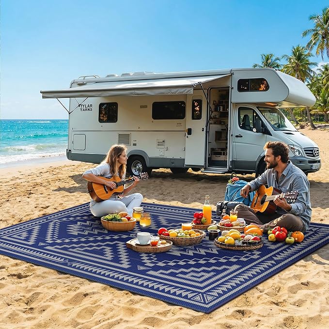 GENIMO Outdoor Rug for Patio Clearance - 5x8 ft Waterproof Plastic Camping Rugs, Reversible Outside Rv Mat Carpet for Porch, Deck, Picnic, Balcony, Beach, Backyard, Blue Grey