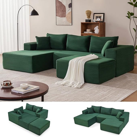Mangodan 110” Cloud Sectional Couch, Modular Sectional Sofa with Deep Seat, Boneless Sofa for Living Room, Fluffy Comfy U-Shaped Couch with Left Facing Chaise, No Assembly Required, Green