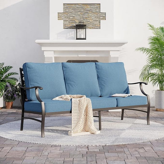 SUNSHINE VALLEY Metal Patio Sofa with 5.75" Extra Thick Cushion, 3-Seater Deep Seating & High-Back Outdoor Couch All Weather Outdoor Seating Furniture for Backyard Deck Porch, Denim Blue