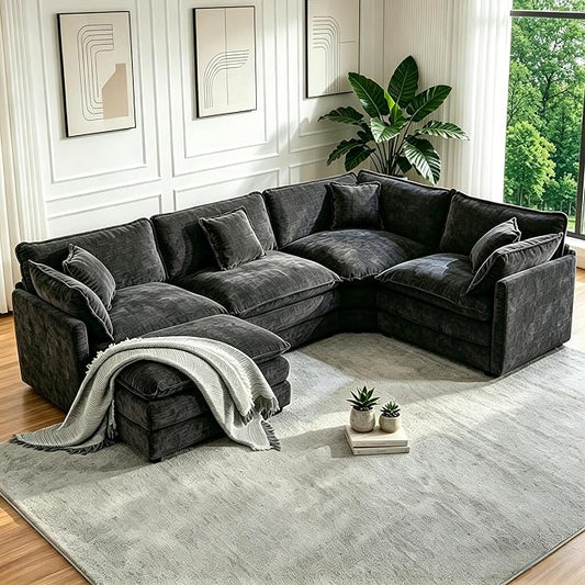 Oversized Modular Sectional Cloud Sofa: 114" V-Shaped Modular Cloud Couch, 5 Seater Comfy Couch with Ottomans and Pillows, Chenille Deep Seat Couch for Living Room,Bedroom,Apartment,Large Space, Black