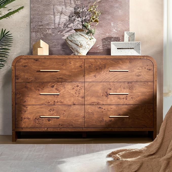 Curved 6-Drawer Dresser for Bedroom, 54" Wide Modern Chest of Drawers, Vanity Desk TV Stand for Living Room, Closet Storage Drawers Organizer Furniture, Nursery, Dark Burl