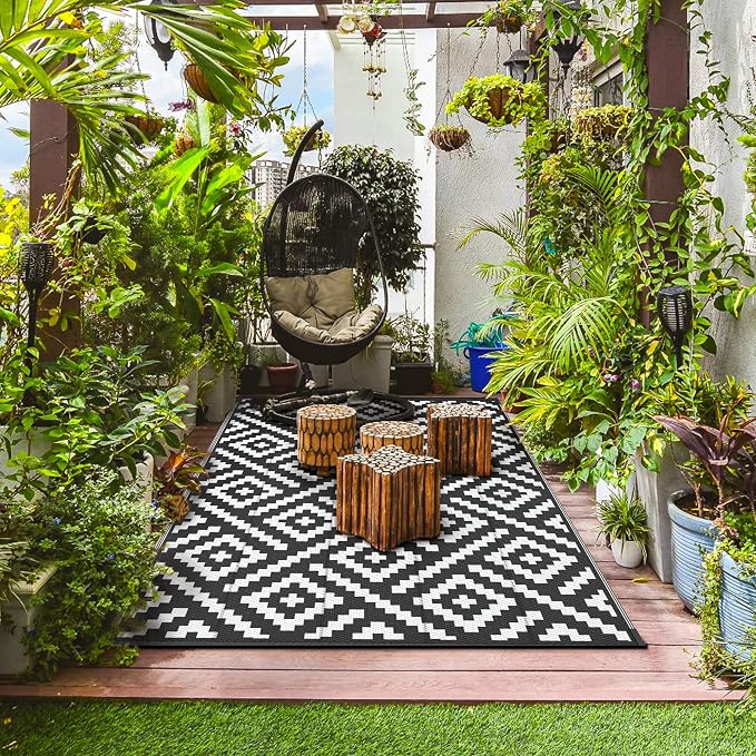 GENIMO Outdoor Rug for Patio Clearance,6'x9' Waterproof Mat,Reversible Plastic Camping Rugs,Rv,Deck,Porch,Camper,Balcony,Backyard,Black & White