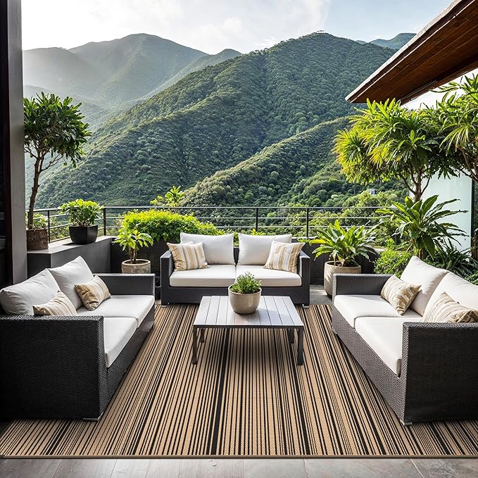 GENIMO Outdoor Rug for Patio Clearance, 5'x8' Reversible Plastic Straw Rugs, Lightweight Waterproof RV Camping Mat for Camper, Balcony, Deck, Backyard, Picnic, BlackBrown