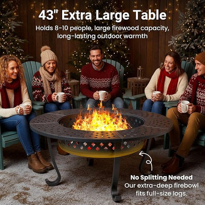 Wisteria Lane 3 in 1 43" Extra Large Fire Pit for Outside Wood Burning with 2 Adjustable Grills, Outdoor Fireplace with Lid and Fire Poker, BBQ & Bonfire & Round Metal Table for Patio, Backyard