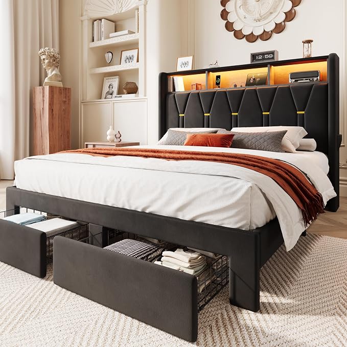 SHA CERLIN Full Velvet Platform Bed Frame with 2 Storage Drawers, LED Storage Headboard with Charging Station, Upholstered Wingback Headboard, Noise-Free, No Box Spring Needed, Easy Assembly, Black