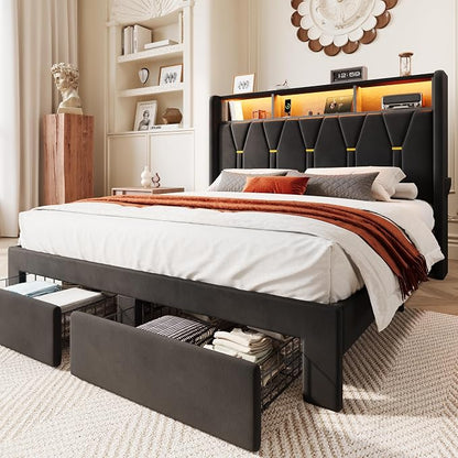 SHA CERLIN Full Velvet Platform Bed Frame with 2 Storage Drawers, LED Storage Headboard with Charging Station, Upholstered Wingback Headboard, Noise-Free, No Box Spring Needed, Easy Assembly, Black