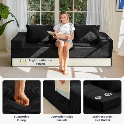 MAXYOYO Convertible Sofa Bed, 80" Oversized Boneless Loveseat Couch 4 in 1 Foldable Floor Sofa Couch in A Box with 2 Cup Holders, Folding Chair for Living Room, No Assembly Required, Black