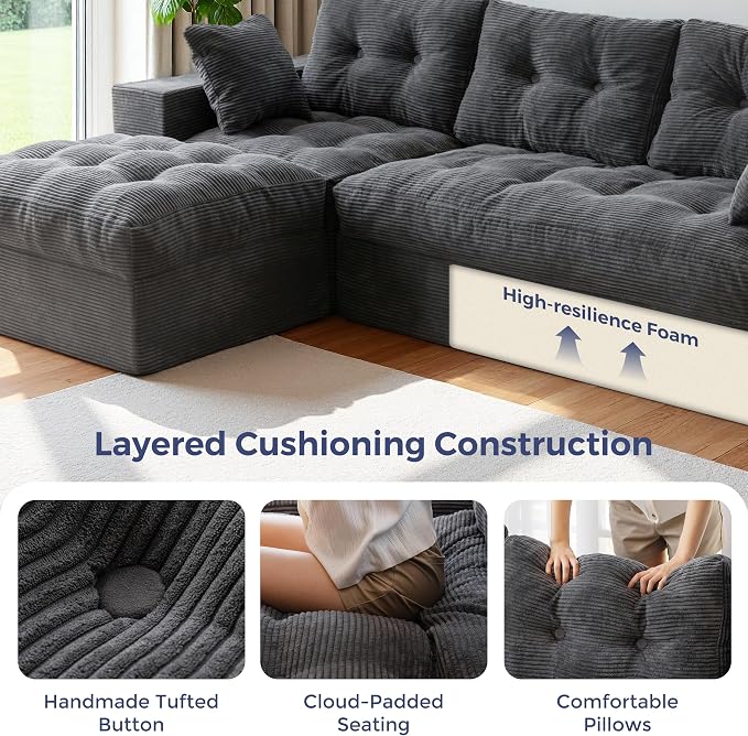 MAXYOYO 96" L Shaped Modular Sectional Sofa with Ottoman, Cloud Boneless Couch with Layered Cushion, Upholstered Sofa in a Box, Flexible Module Combination for Living Room, No Assembly, Dark Grey