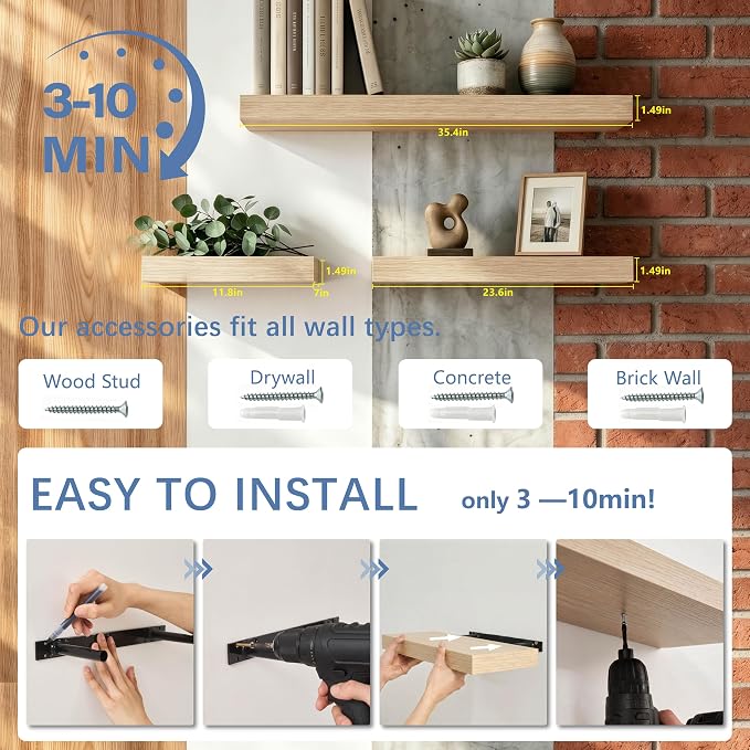 Floating Shelves, Oak Wooden Set of 3 Wall Mounted Bathroom Shelves Over Toilet, Modern Small Hanging Shelves for Bedroom Living Room Kitchen Farmhouse Home Decor, 12" x 7" x 1.5"
