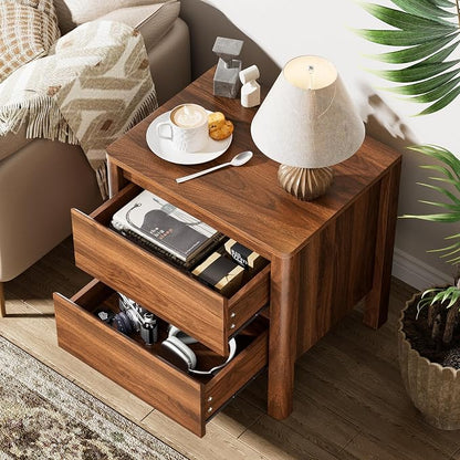 Furniway Walnut Nightstand Set of 2, Mid Century Modern Bedside Table with 2 Drawers, Hidden Handles and Solid Wood Legs for Bedroom