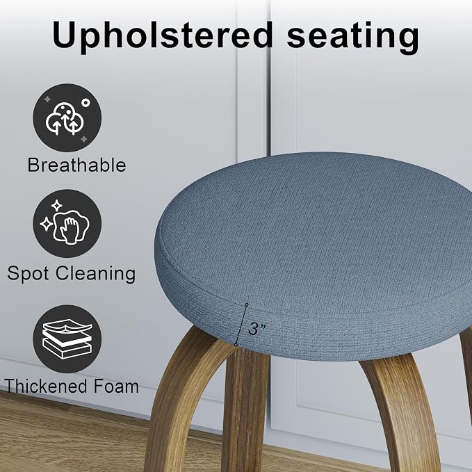 Bar Stools Set of 2, Counter Height Backless Bar Stools, 30" Swivel Barstools Kitchen Chair with Upholstered Fabric Seat, Blue