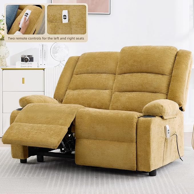 52Inch Reclining Loveseat Sofa,Power Loveseat Recliner,Electric Love seat Recliner Sofa for Bedroom,Living Room with Charging Ports,Yellow